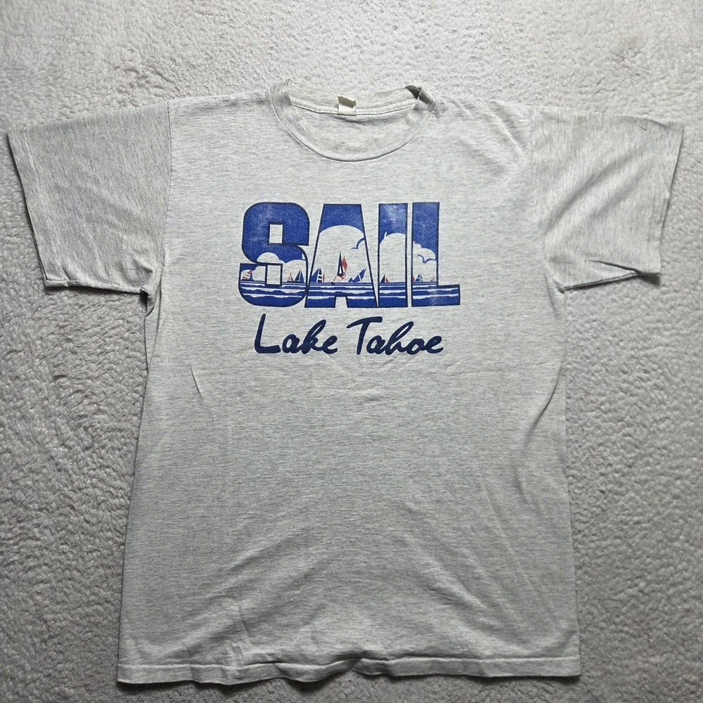 Vintage 90s Sail Lake Tahoe T Shirt Mens Large Gray Cotton Graphic Tee USA Made
